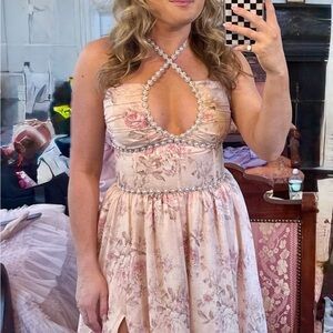 V. Chapman - Scarlette Dress in Peach Tapestry with Pearl Accents